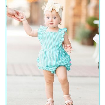 Ruffle Butts "Bella" Aqua Blue Stripe Bubble Romper