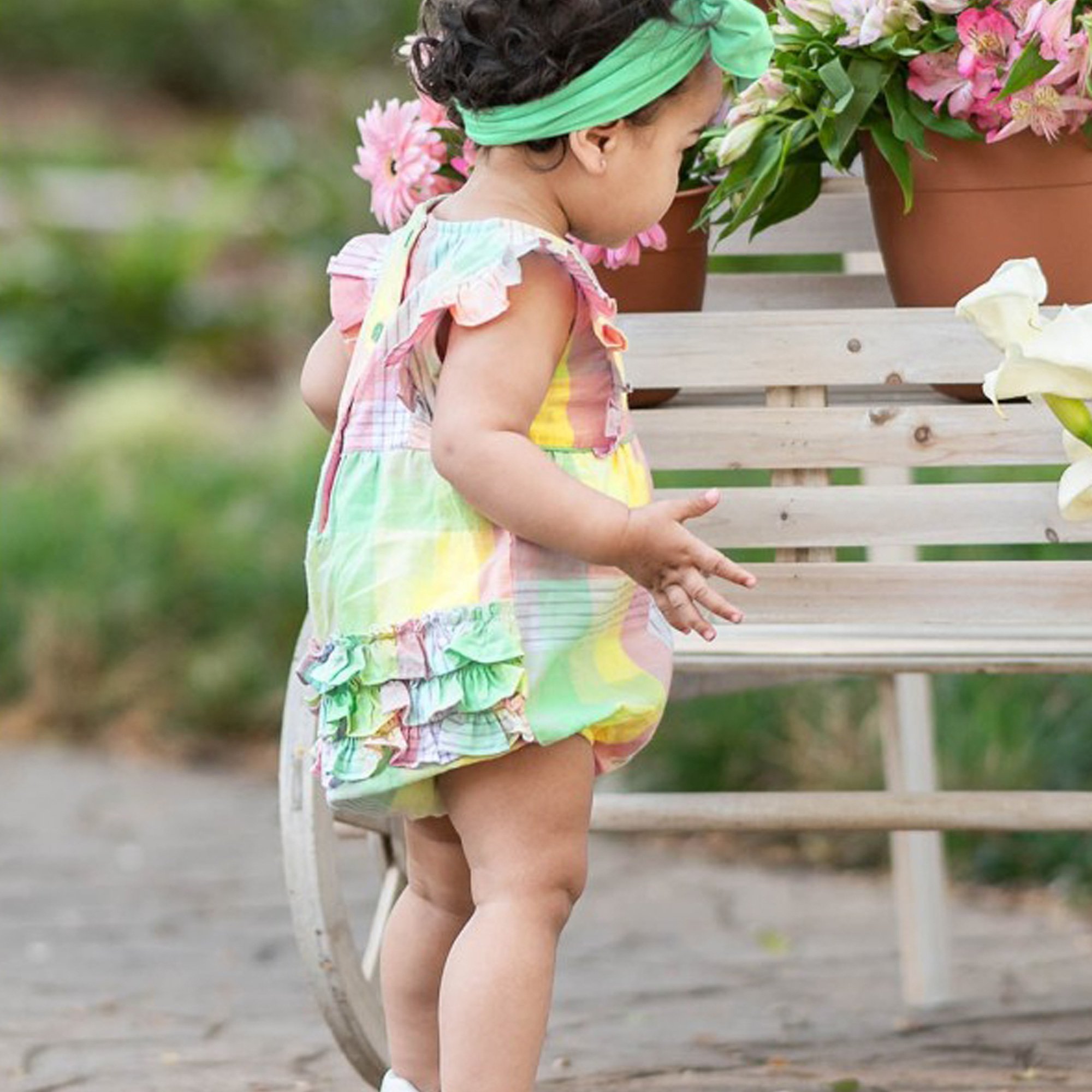 Ruffle Butts Pastel Rainbow Plaid Ruffle Bubble Romper