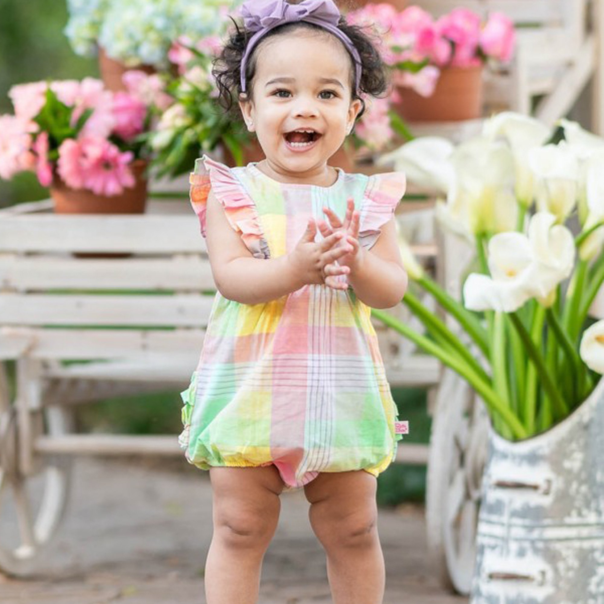 Ruffle Butts Pastel Rainbow Plaid Ruffle Bubble Romper