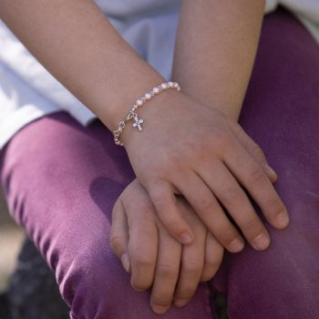 Cherished Moments "Bella" Sterling Silver Pink Pearl and Cross Bracelet for Babies and Toddlers