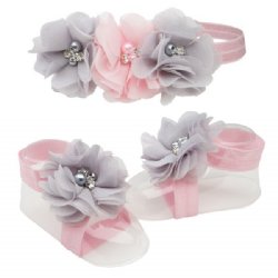 Cherished Moments "Petal Collection" Pink and Grey Barefoot Sandal and Headband Set