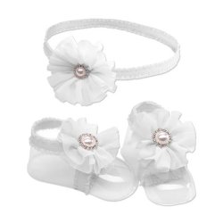 Cherished Moments Baby Barefoot Sandal and Headband Set -White