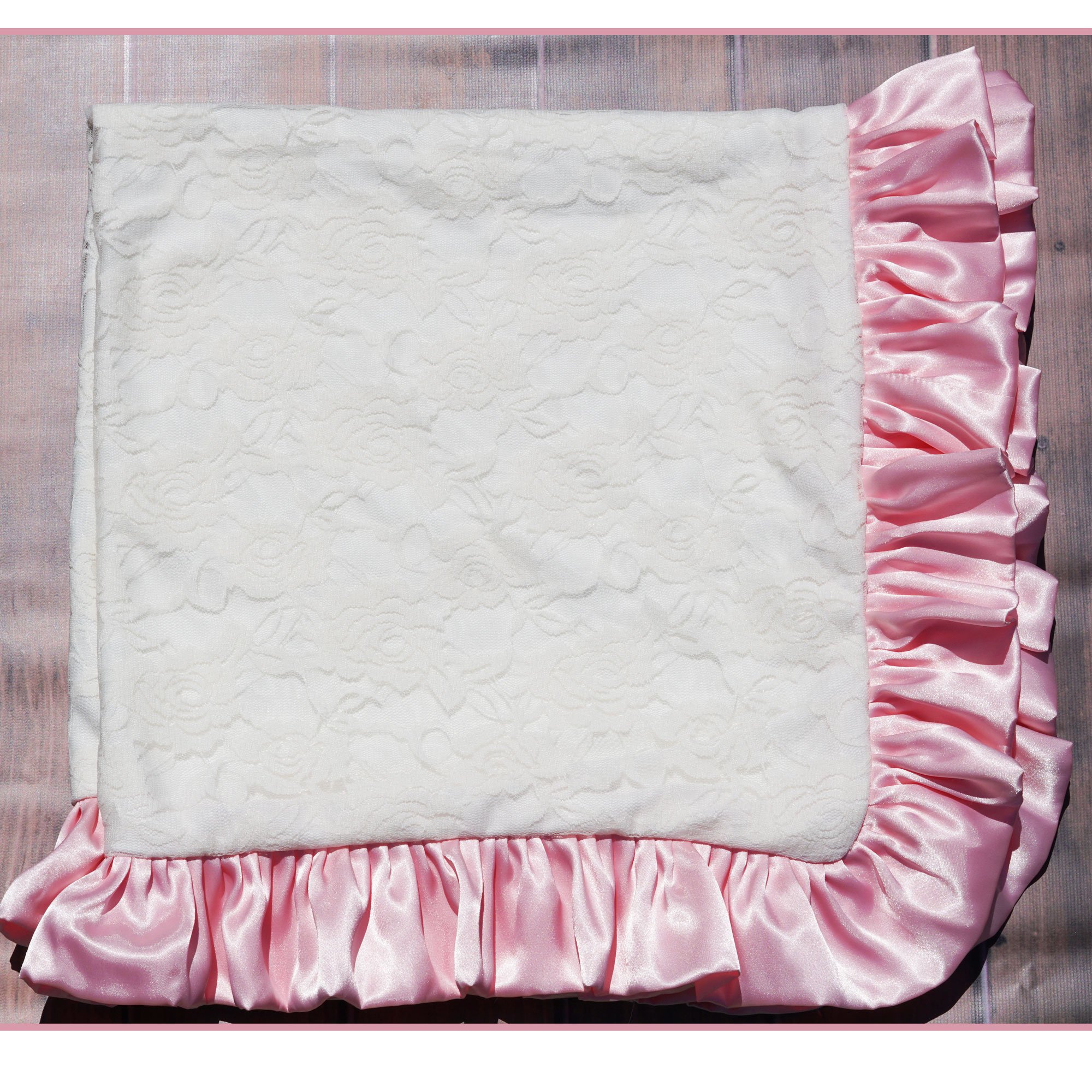 vintage pale pink satin trimmed felt baby blanket  swan appliqu\u00e9  scroll edging  baby girl gift