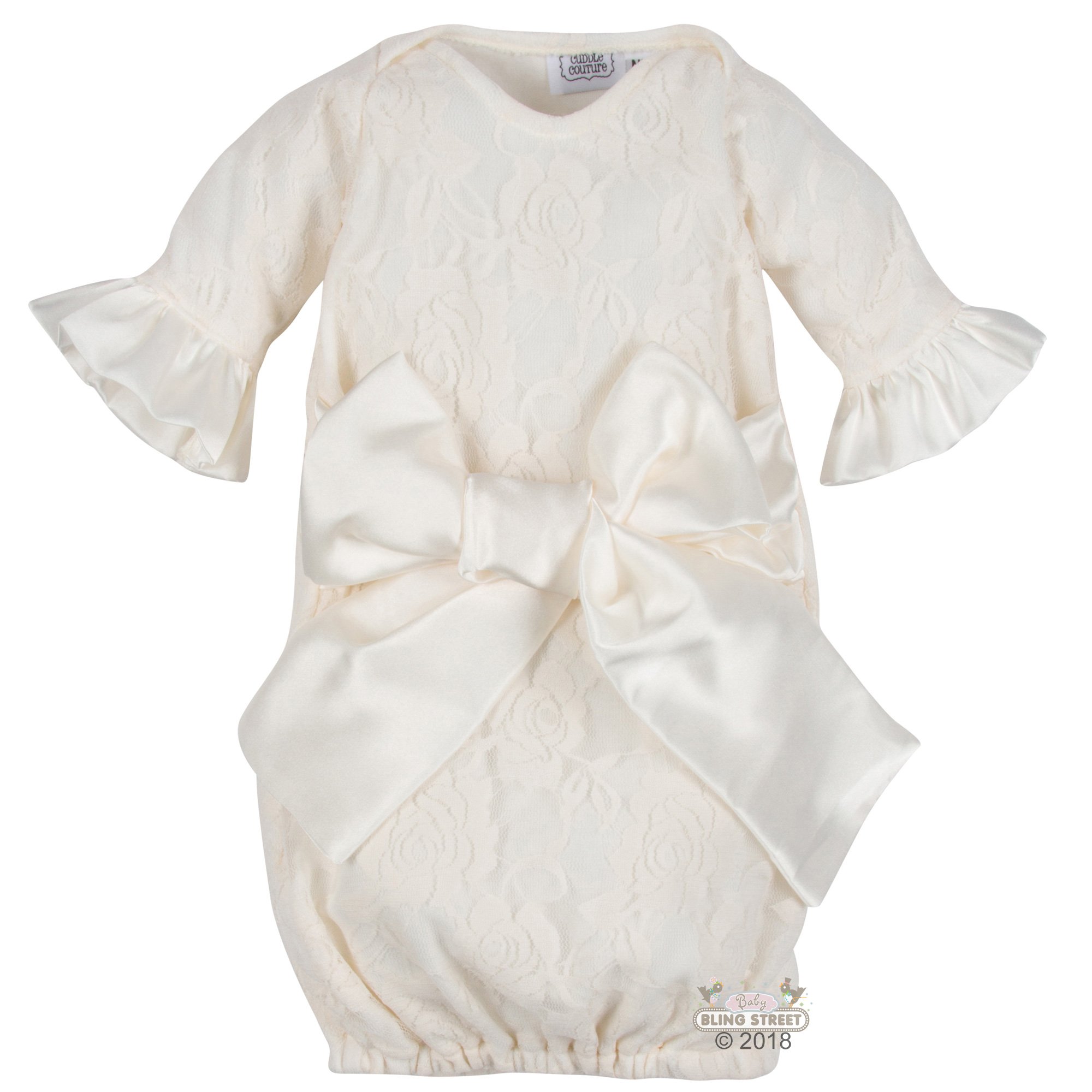 Cuddle Couture Ivory Lace Luna Newborn Gown with Ivory Satin Bow