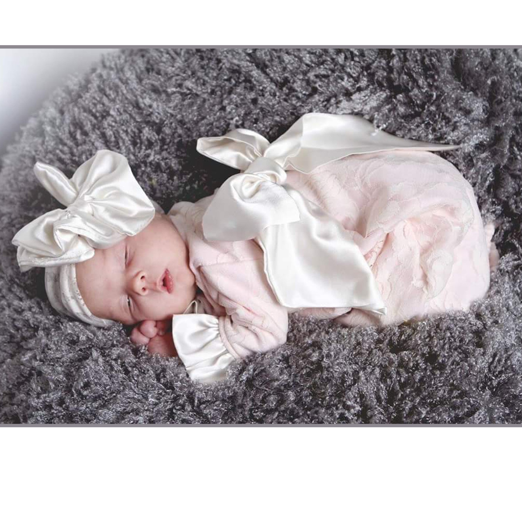 Cuddle Couture Ivory Lace Luna Newborn Gown with Ivory Satin Bow