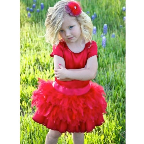 Dolls and Diva's Couture Red Satin and Feather "Chloe" Dress