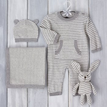 Elegant Baby Grey Romper, Hat, Blanket and Toy Unisex Gift Set