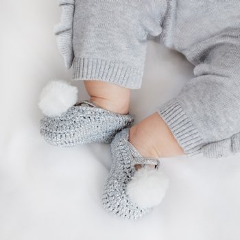 Elegant Baby Silver Crocheted Shoes with White Pom Poms for Baby Girls