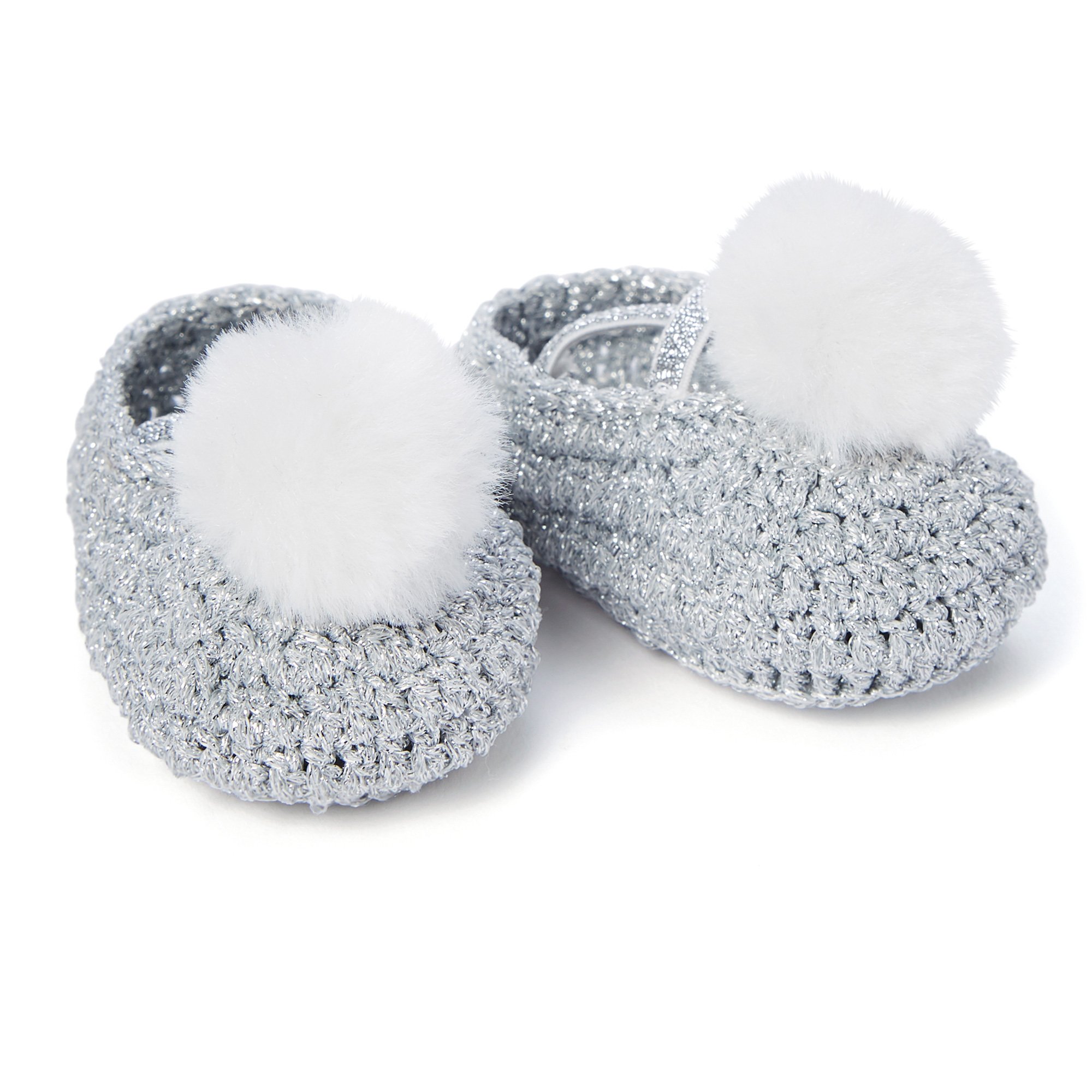 Elegant Baby Crocheted Shoes with White Poms for Baby