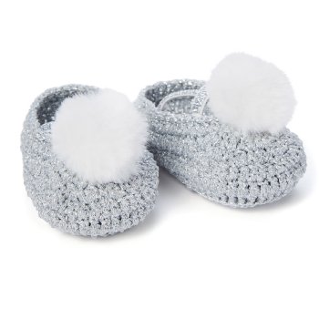 Elegant Baby Silver Crocheted Shoes with White Pom Poms for Baby Girls