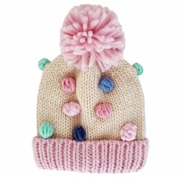 Huggalugs "Popcorn" Pink and Ivory Pompom Hat for Baby Girls