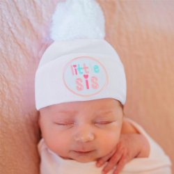 Ilybean White "Little Sister" Nursery Cap with Pom Pom