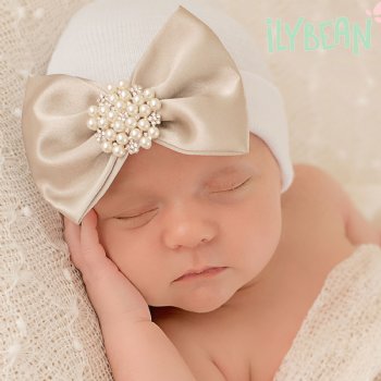 Ilybean "Goldie" White Hat with Gold Bow and Jeweled Center