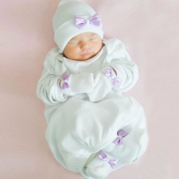 Ilybean 3 pc. "Take Me Home" Lavender Bow Hat, Mitten and Bootie Set 