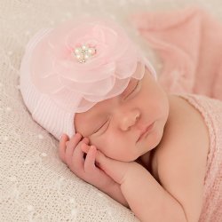 Ilybean "Joyce" Pink Hat with Pink Organza Flower and Jeweled Center