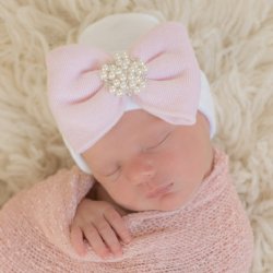 Ilybean "Patsy" White Hat with Pink Bow and Jeweled Center