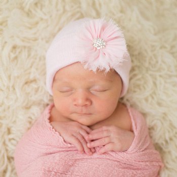 Ilybean Pink Hat with Pink Frayed Flower with Jeweled Center