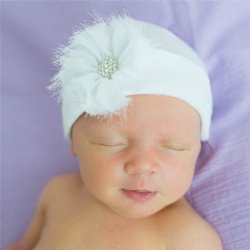 Ilybean White Hat with White Frayed Flower with Jeweled Center