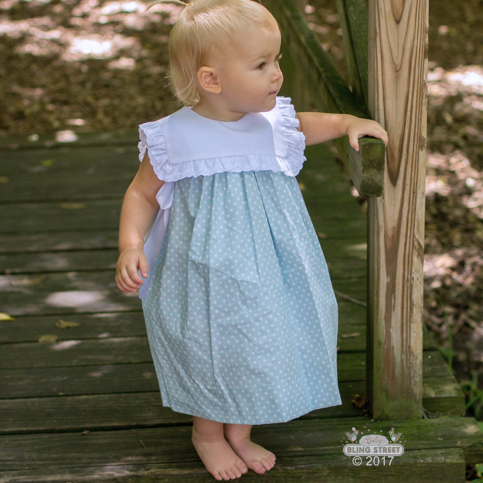 blue dress white dots