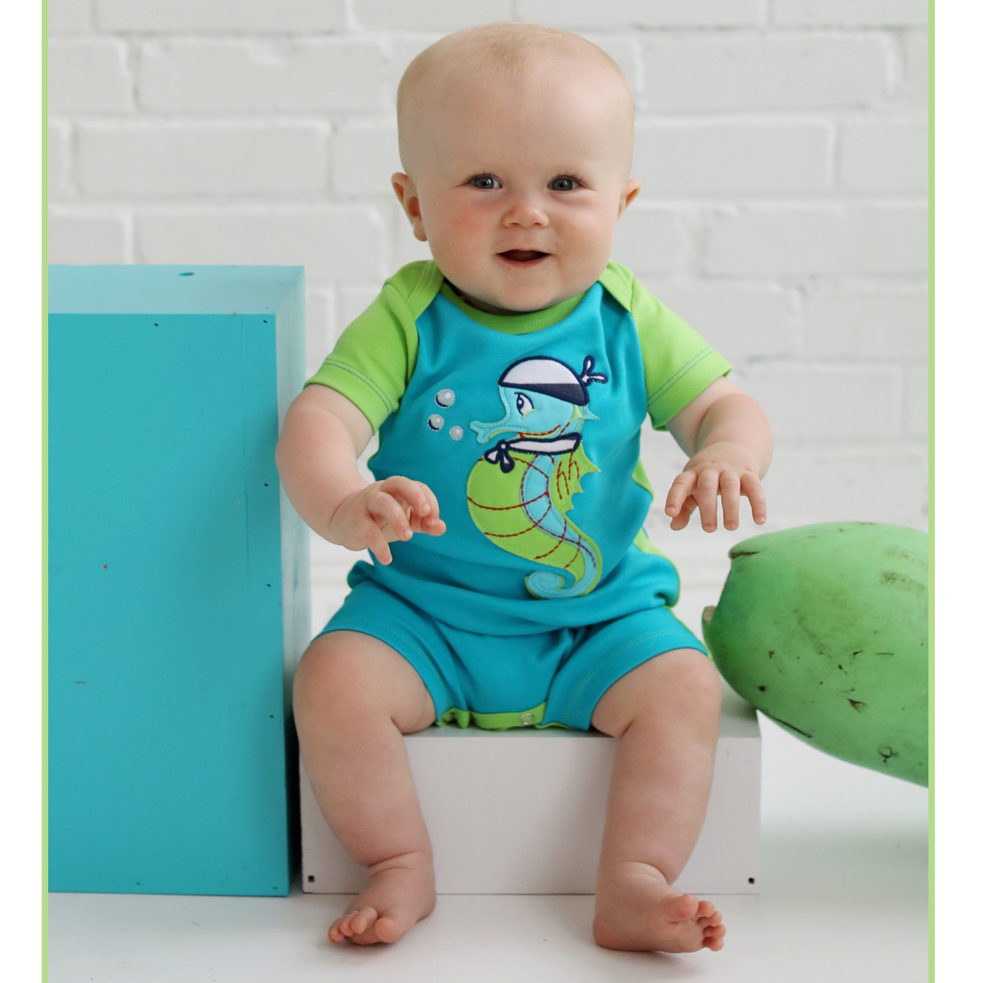 Lemon Loves Layette Ahoy Seahorse Romper for Baby Boys