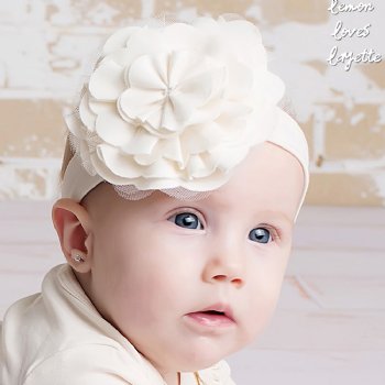 Lemon Loves Layette "Lily Pad" Headband for Baby Girls in Eggnog Beige