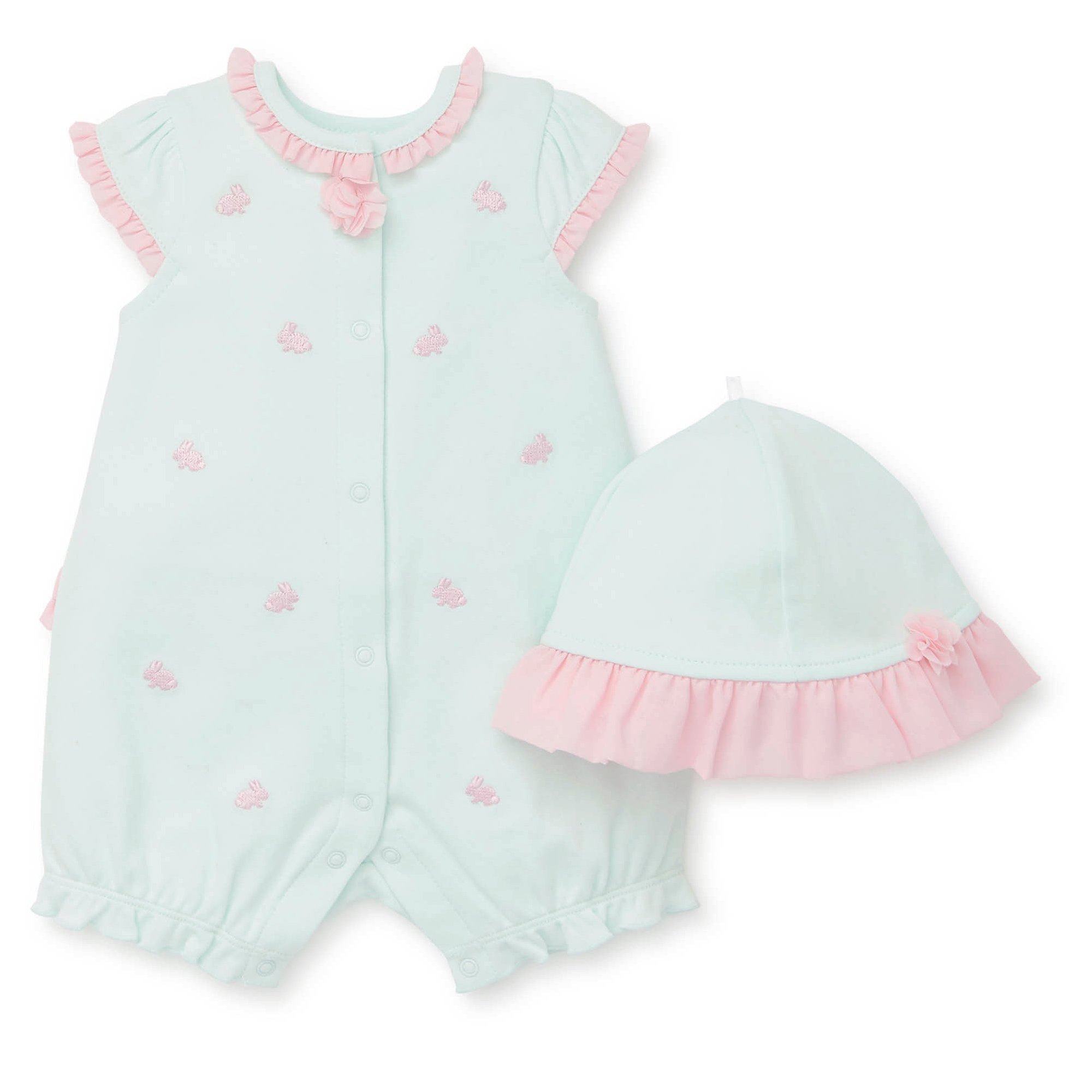 Little Me Bunny Romper with Matching Hat Set for Baby Girls