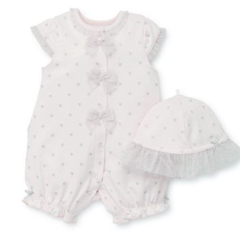 Little Me Sparkle Heart Romper with Matching Hat Set for Baby Girls