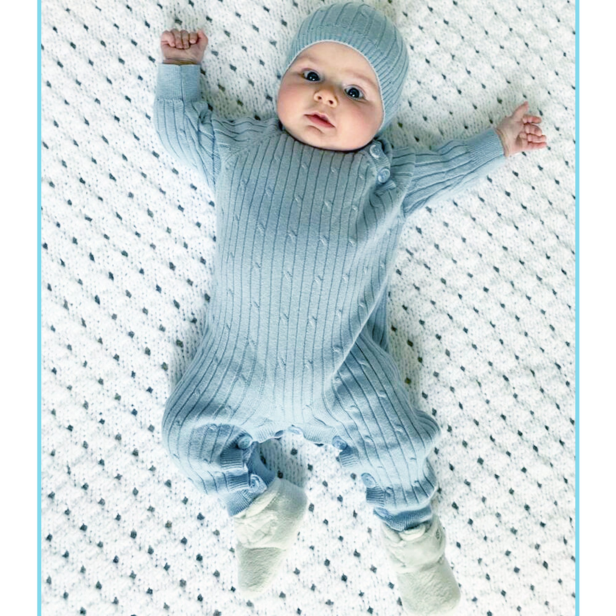 Le Top Bébé Little Boy Blue Cable Knit Romper and Hat Set for Newborns