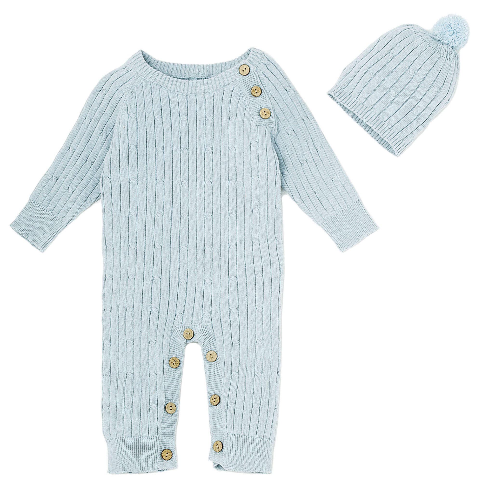 Le Top Bébé Little Boy Blue Cable Knit Romper and Hat Set for Newborns