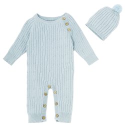 Le Top Bébé "Little Boy Blue" Cable Knit Romper and Hat Set for Newborns and Baby Boys