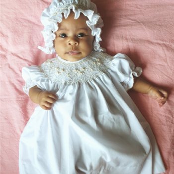 Lulu Bebe "Emma" White Smocked Bishop Dress for Baby Girls
