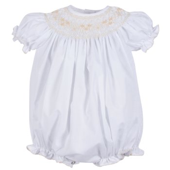 Lulu Bébé "Emmie" White Smocked Bubble for Baby Girls