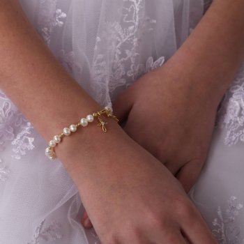 Cherished Moments 14K Gold-Plated "Mae" White Pearl Bracelet with Cross