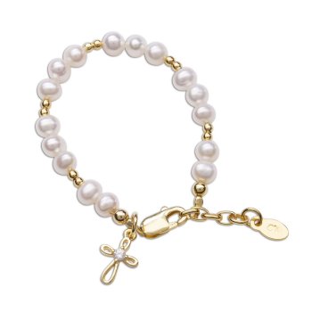 Cherished Moments 14K Gold-Plated "Mae" White Pearl Bracelet with Cross