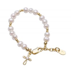 Cherished Moments 14K Gold-Plated "Mae" White Pearl Bracelet with Cross