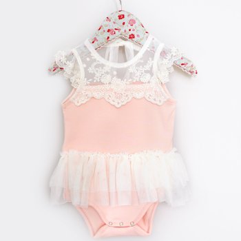 Mae Li Rose Soft Peach Lacey Neckline Onesie for Baby Girls