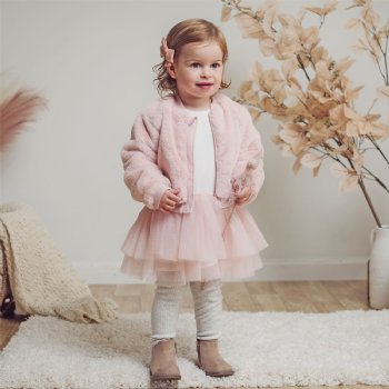 Miniclasix Pink Faux Fur Jacket, Tutu Top & Legging Set 