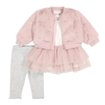 Miniclasix Pink Faux Fur Jacket, Tutu Top & Legging Set 