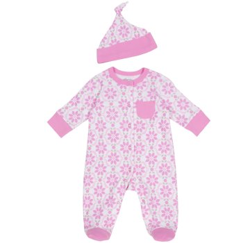 Offspring Pink Floral Damask Footie and Hat Set for Baby Girls