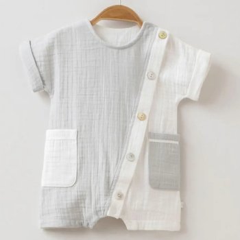 Omnis Pura for Boys "Rowan" Organic Gray and White Muslin Baby Boy Romper