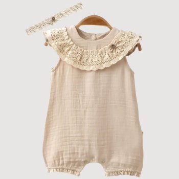 Omnis Pura "Willow" Organic Natural Tan Muslin Romper and Headband for Baby Girls