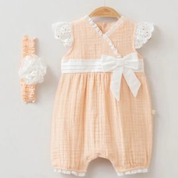 Omnis Pura "Harper" Organic Peach Muslin Romper and Headband for Baby Girls