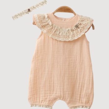 Omnis Pura "Oakley" Organic Peach Muslin Romper and Headband for Baby Girls