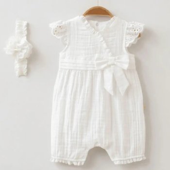 Omnis Pura "Gianna" Organic White Muslin Romper and Headband for Baby Girls