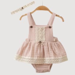 Omnis Pura "Parker" Organic Vintage Pink Muslin Sunsuit and Headband for Baby Girls