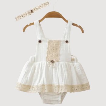 Omnis Pura "Josie" Organic White Muslin Skirted Sunsuit and Headband for Baby Girls