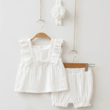 Omnis Pura Organic White Muslin Short Set and Headband for Baby Girls