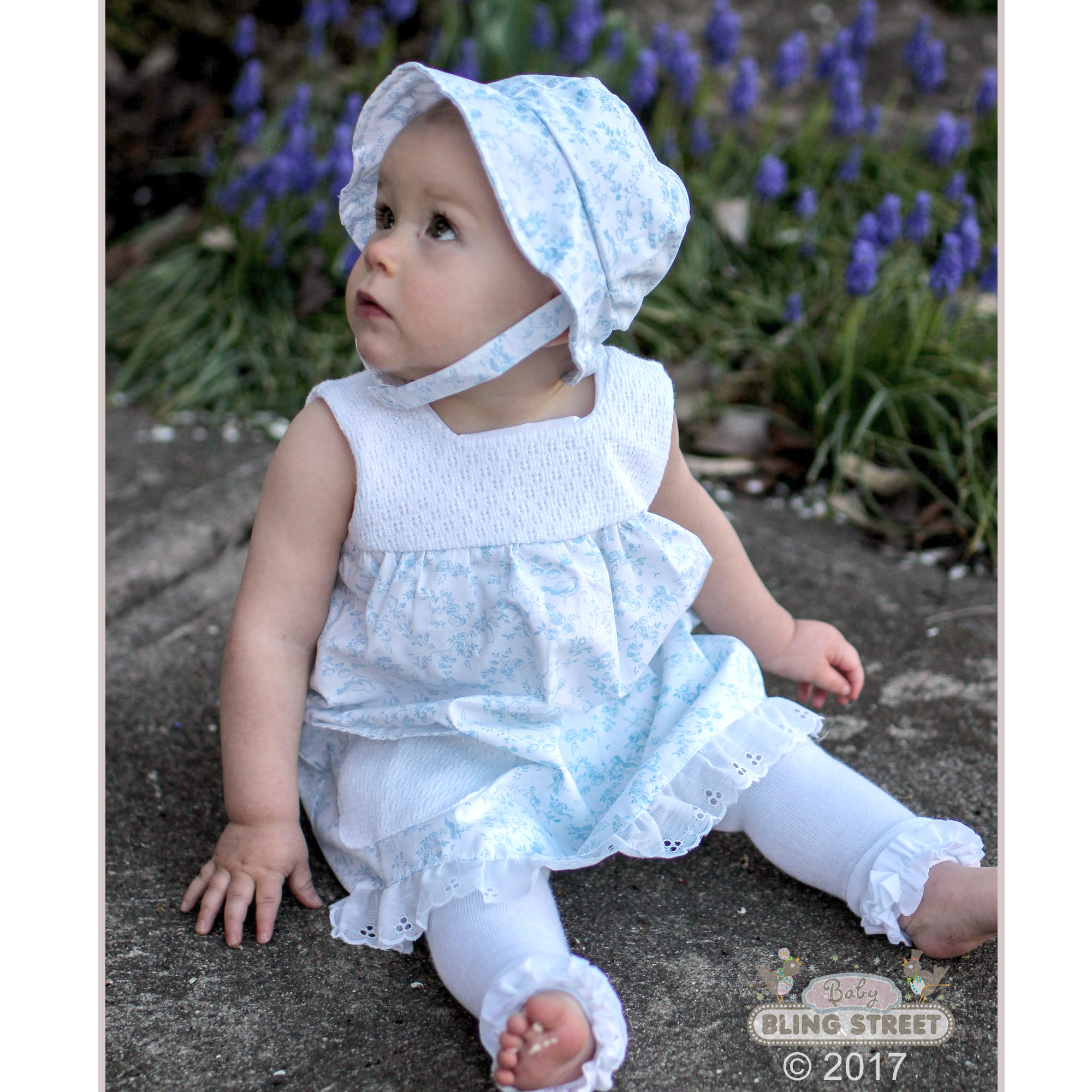 Paty Blue Toile Dress with Eyelett Trim for Baby Girls