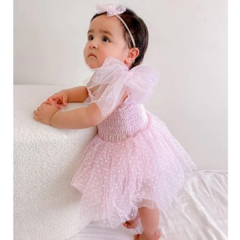 A Little Lacey Poppy Pink Dotted Swiss Romper