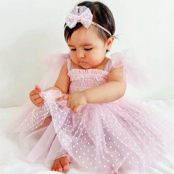 A Little Lacey Poppy Pink Dotted Swiss Romper